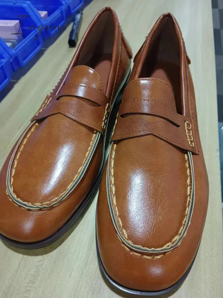 Ingvn - Women Vintage Slip On Loafers Low Heel Pu Leather Brown / 5