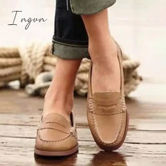 Ingvn - Women Vintage Slip On Loafers Low Heel Pu Leather Khaki / 5