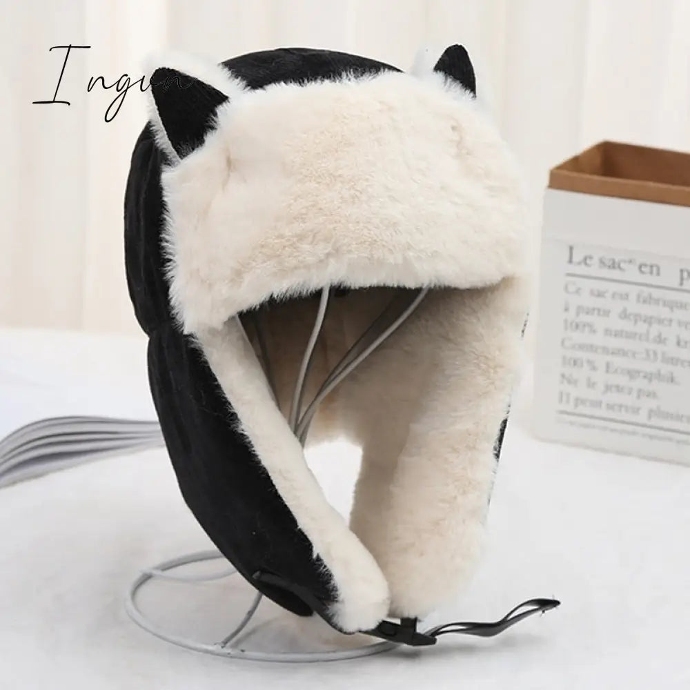 Ingvn - Women Warm Earmuffs Thicken Ear - Flapped Hat Winter Cold - Proof Cotton Cat Ears Cap