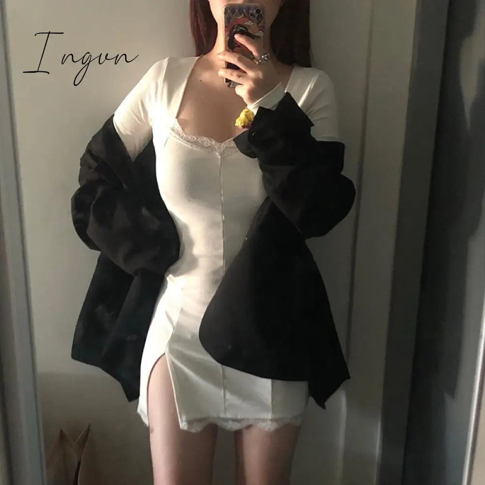Ingvn - Women Winter Dress New Arrivals Sexy Long Sleeve Lace Split Black White Solid Party Dresses