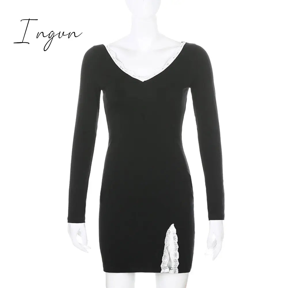 Ingvn - Women Winter Dress New Arrivals Sexy Long Sleeve Lace Split Black White Solid Party Dresses