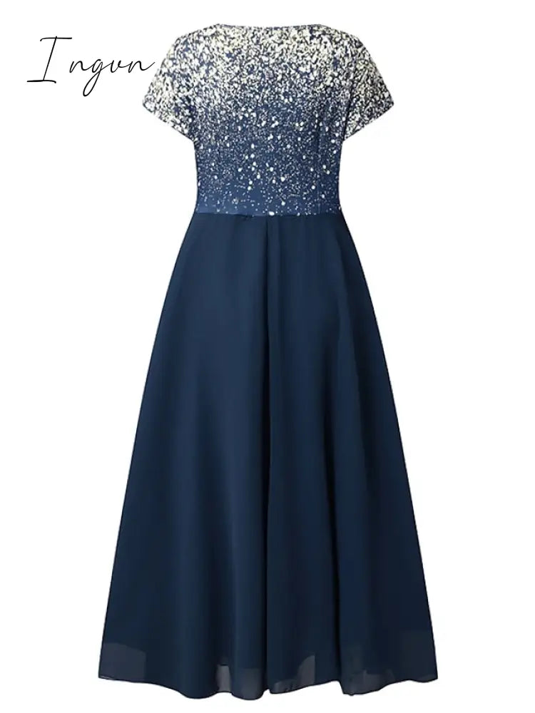 Ingvn - Women‘s A Line Dress Chiffon Midi Navy Blue Short Sleeve Color Gradient Patchwork Spring