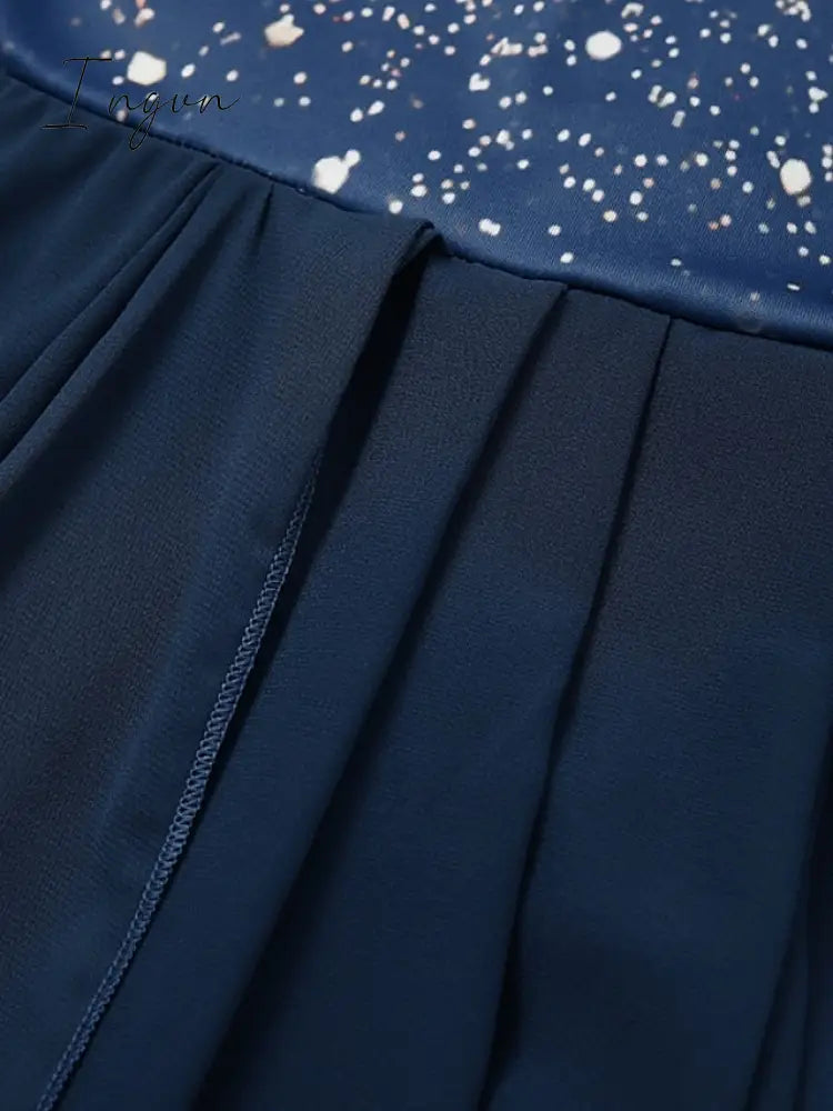 Ingvn - Women‘s A Line Dress Chiffon Midi Navy Blue Short Sleeve Color Gradient Patchwork Spring