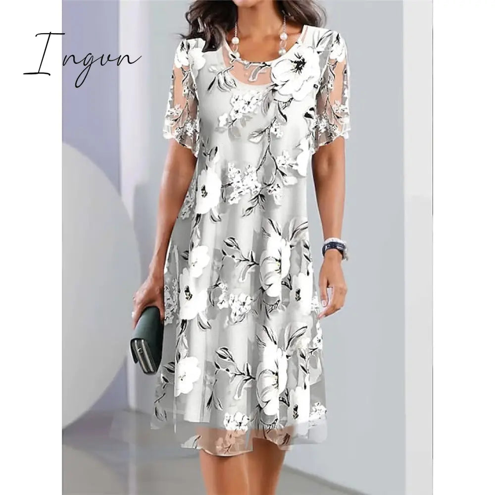 Ingvn - Women’s Casual Dress Chiffon Summer Floral Print Crew Neck Midi Fashion Streetwear