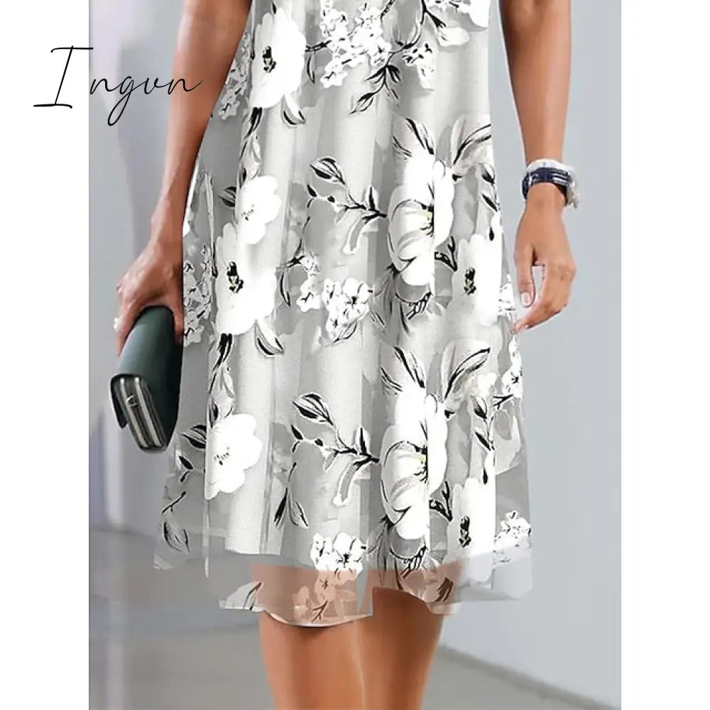 Ingvn - Women’s Casual Dress Chiffon Summer Floral Print Crew Neck Midi Fashion Streetwear