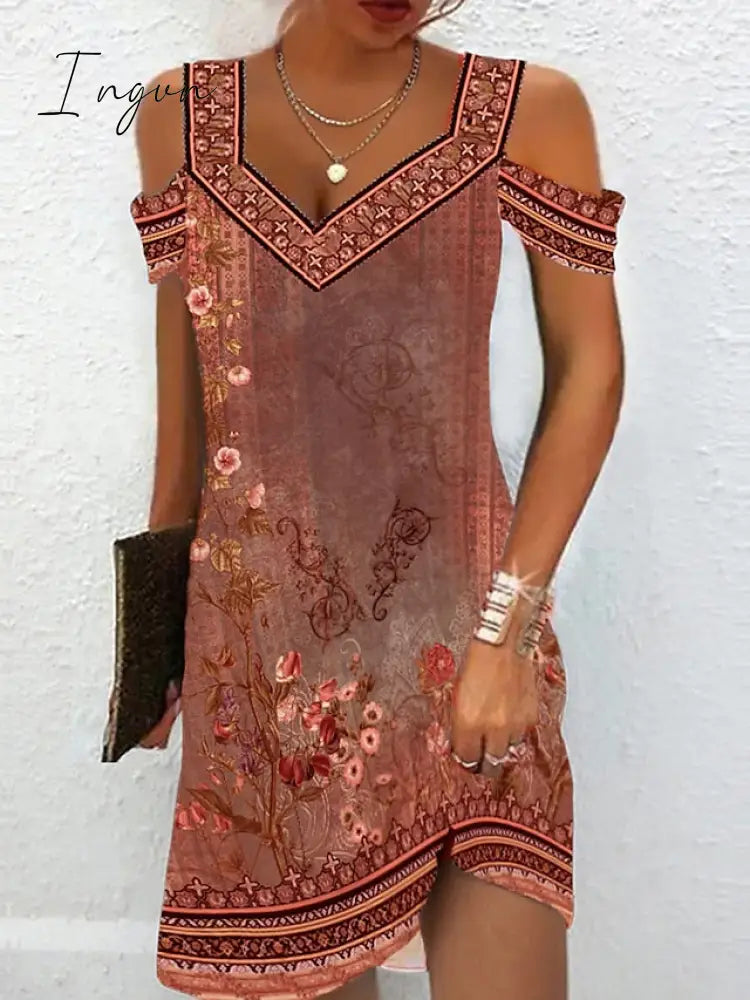 Ingvn - Women’s Casual Dress Ethnic Summer Floral Tribal Cut Out Print V Neck Mini Active Fashion
