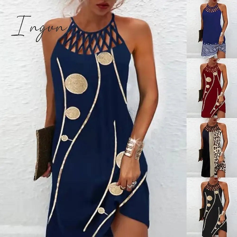 Ingvn - Women’s Casual Dress Halter Neck Midi Leopard Black Wine Sleeveless Geometric Cut Out