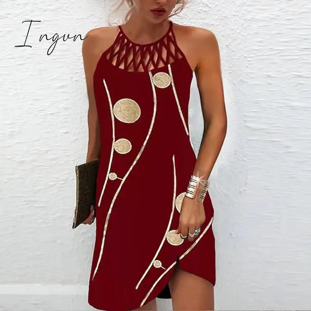 Ingvn - Women’s Casual Dress Halter Neck Midi Leopard Black Wine Sleeveless Geometric Cut Out