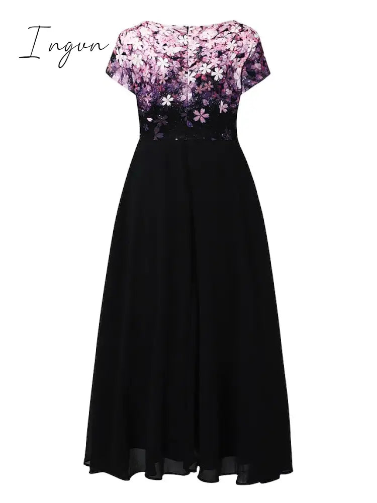 Ingvn - Women’s Casual Dress Lace Sheath Midi Black Blue Purple Short Sleeve Floral Ruched Fall