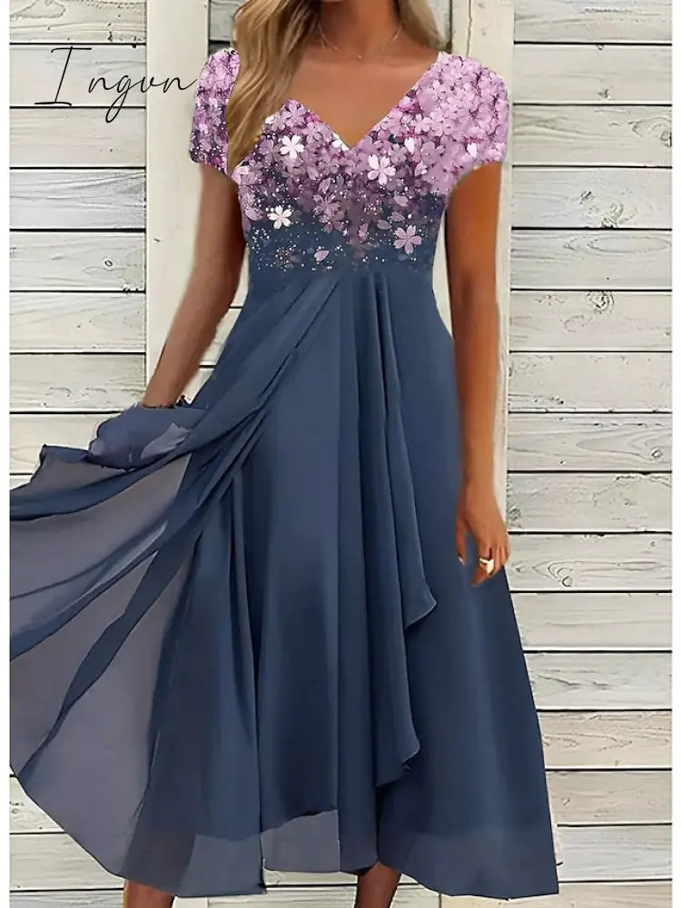 Ingvn - Women’s Casual Dress Lace Sheath Midi Black Blue Purple Short Sleeve Floral Ruched Fall