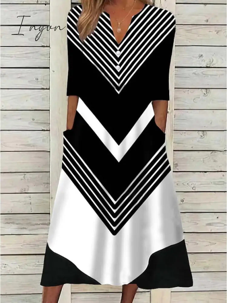 Ingvn - Women’s Casual Dress Shift Midi Black And White Stripes Green Dark Blue Half Sleeve Color