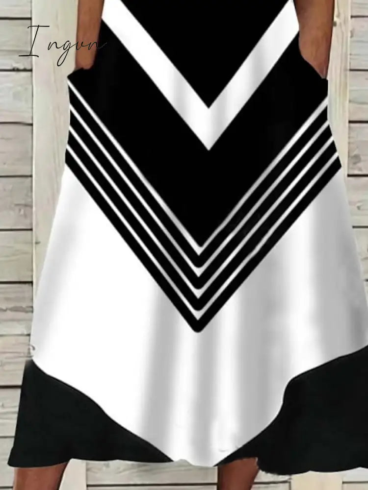 Ingvn - Women’s Casual Dress Shift Midi Black And White Stripes Green Dark Blue Half Sleeve Color
