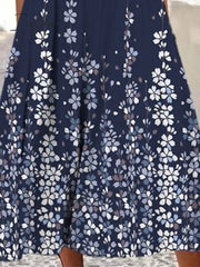 Ingvn - Women’s Casual Dress Shift Midi Navy Blue 3/4 Length Sleeve Floral Ruched Summer Spring