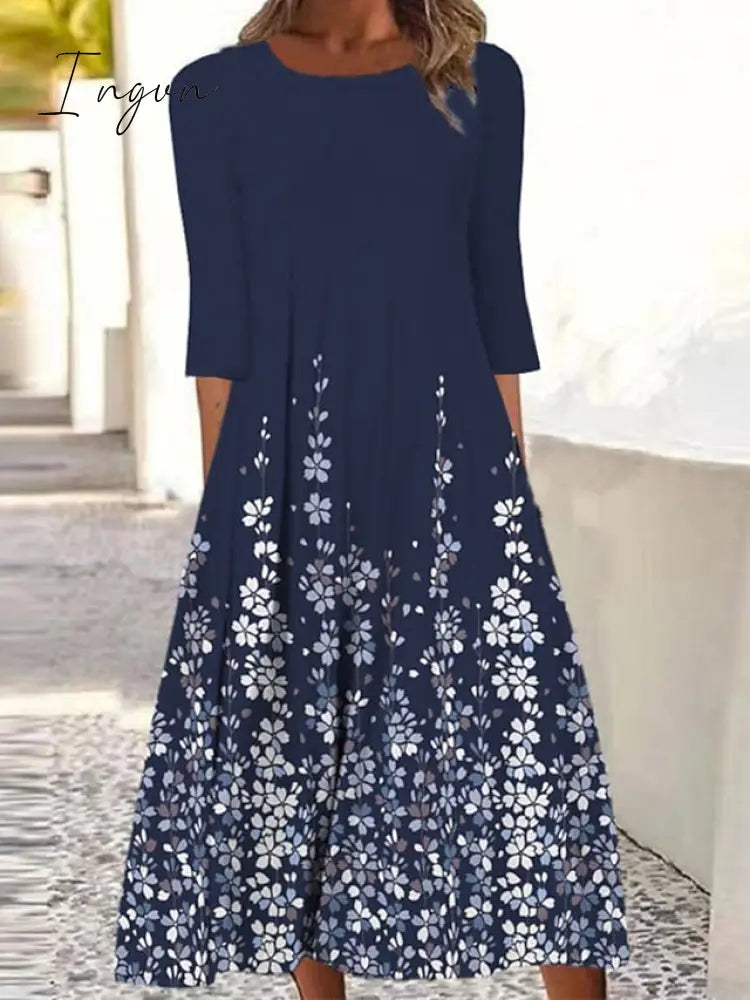 Ingvn - Women’s Casual Dress Shift Midi Navy Blue 3/4 Length Sleeve Floral Ruched Summer Spring