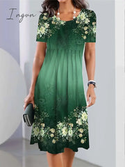 Ingvn - Women’s Casual Dress Summer Print Floral Ombre Pocket Crew Neck Midi Fashion Streetwear