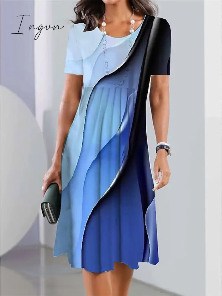 Ingvn - Women’s Casual Dress Summer Print Floral Ombre Pocket Crew Neck Midi Fashion Streetwear