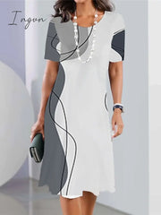 Ingvn - Women’s Casual Dress Summer Print Geometric Color Block Crew Neck Mini Fashion Streetwear