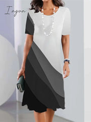 Ingvn - Women’s Casual Dress Summer Print Geometric Color Block Crew Neck Mini Fashion Streetwear