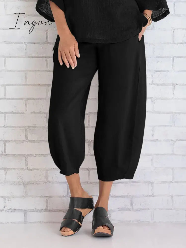 Ingvn - Women’s Casual Loose Cotton Pants Black / S Bottoms