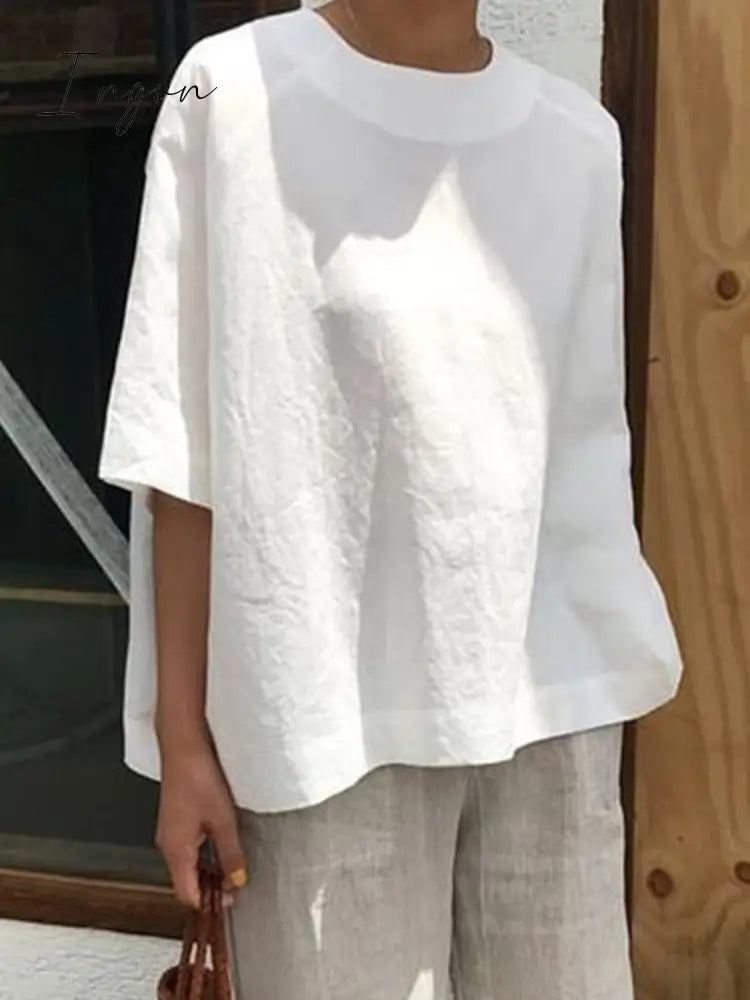 Ingvn - Women’s Casual Tops Tunic Blouse Shirt White / S
