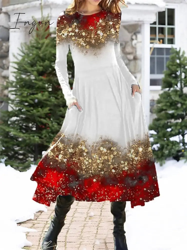 Ingvn - Women’s Christmas Casual Dress Swing Midi Red Long Sleeve Leopard Pocket Winter Fall