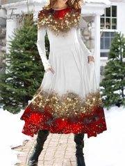 Ingvn - Women’s Christmas Casual Dress Swing Midi Red Long Sleeve Leopard Pocket Winter Fall