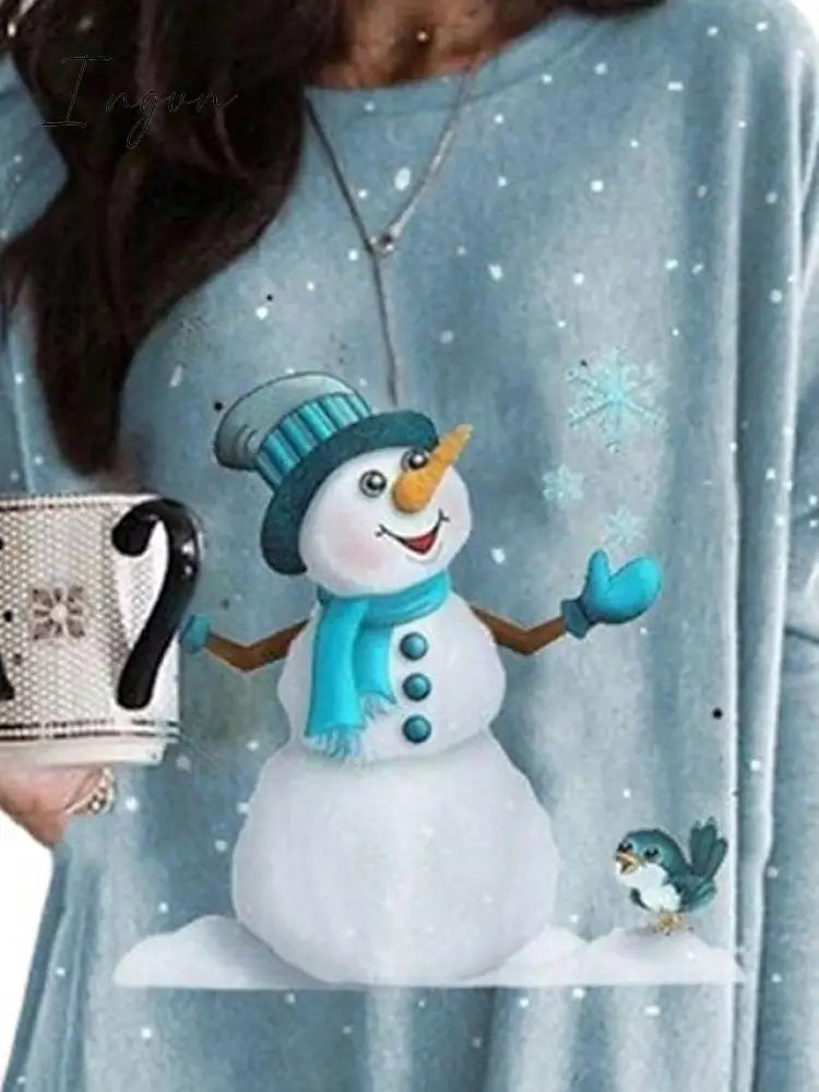 Ingvn - Women’s Christmas Casual Dress T Shirt Tee Shift Mini Blue Long Sleeve Snowman Pocket