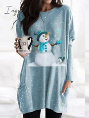 Ingvn - Women’s Christmas Casual Dress T Shirt Tee Shift Mini Blue Long Sleeve Snowman Pocket