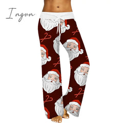 Ingvn - Womens Christmas Pants Cartoon Santa Claus Print Wide Leg Pull Rope Elastic Drawstrings