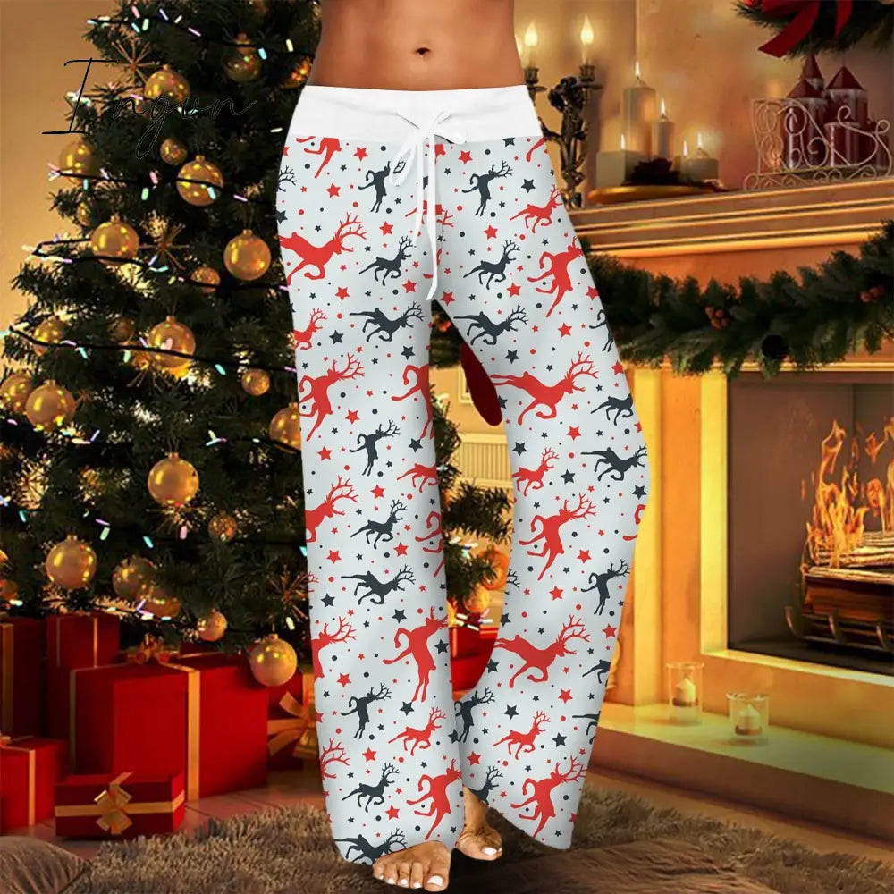 Ingvn - Womens Christmas Pants Cartoon Santa Claus Print Wide Leg Pull Rope Elastic Drawstrings