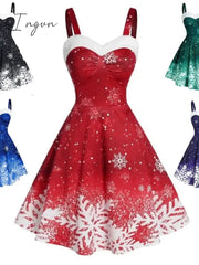 Ingvn - Women’s Christmas Swing Dress Slip Midi Green Blue Purple Red Black Sleeveless Snowflake
