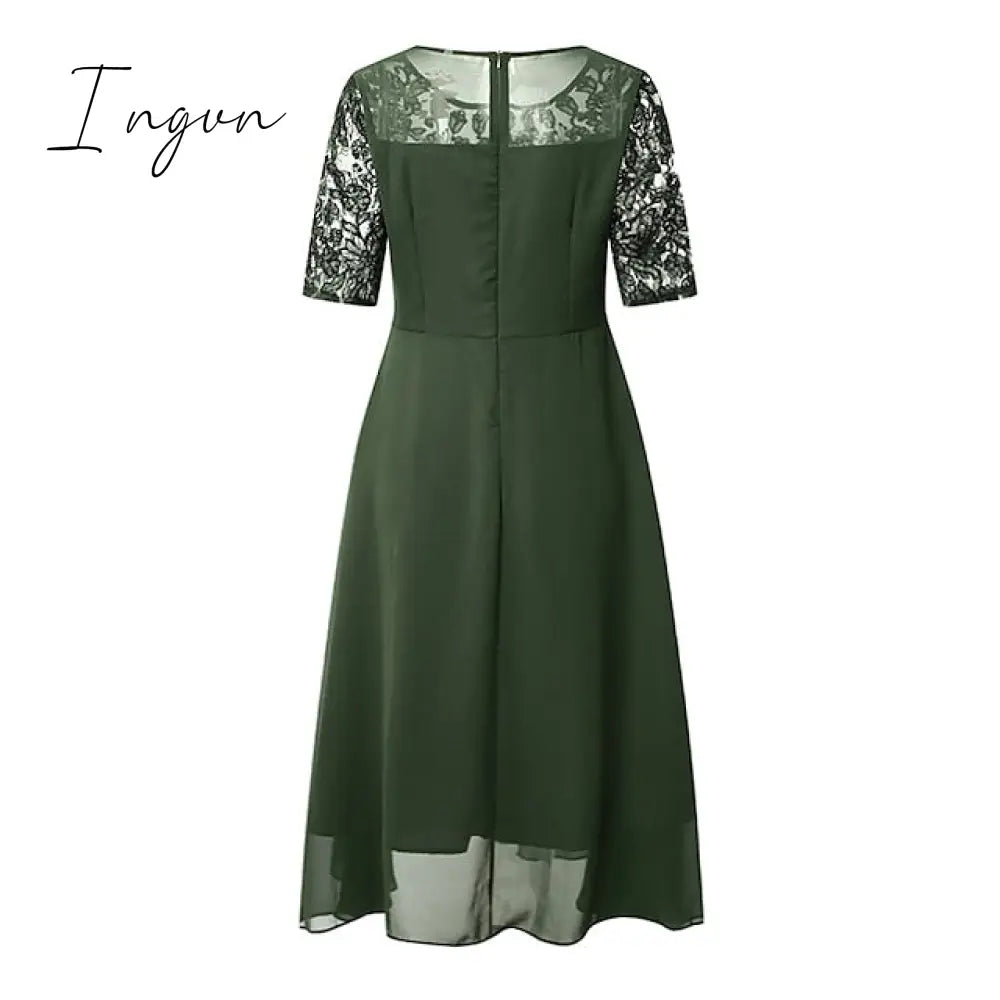 Ingvn - Women‘s Cocktail Party Dress Lace Midi Green Blue Purple Half Sleeve Floral Embroidery