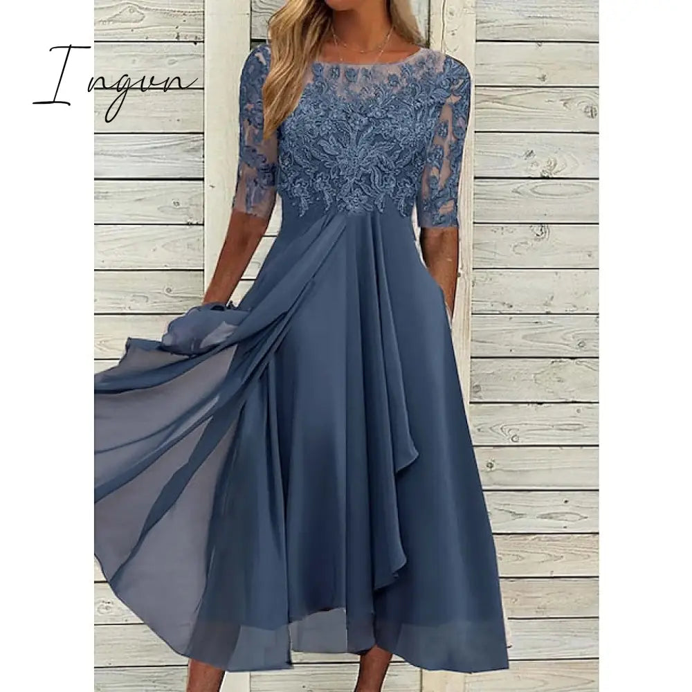 Ingvn - Women‘s Cocktail Party Dress Lace Midi Green Blue Purple Half Sleeve Floral Embroidery