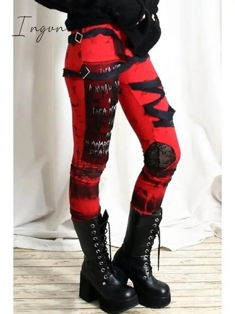 Ingvn - Women’s Cool Ultra Gathered Pants Halloween Gothic Rocker Distressed Punk Tie Leggings