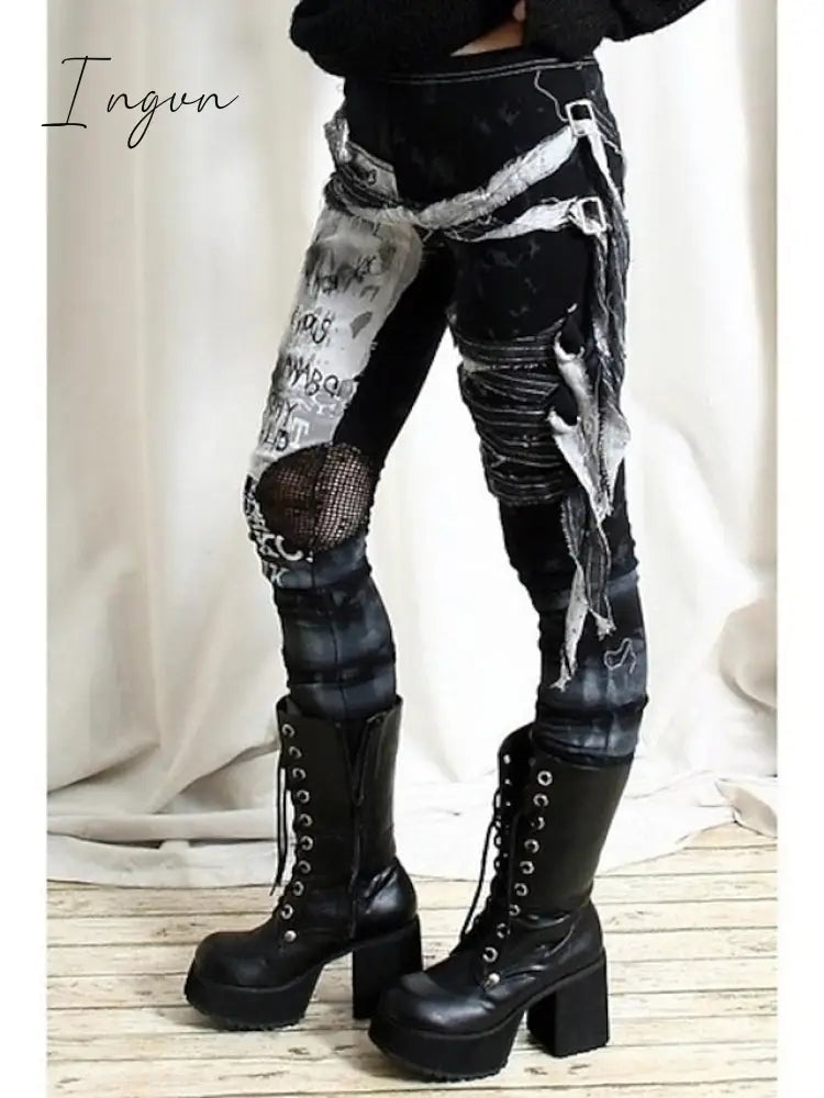 Ingvn - Women’s Cool Ultra Gathered Pants Halloween Gothic Rocker Distressed Punk Tie Leggings