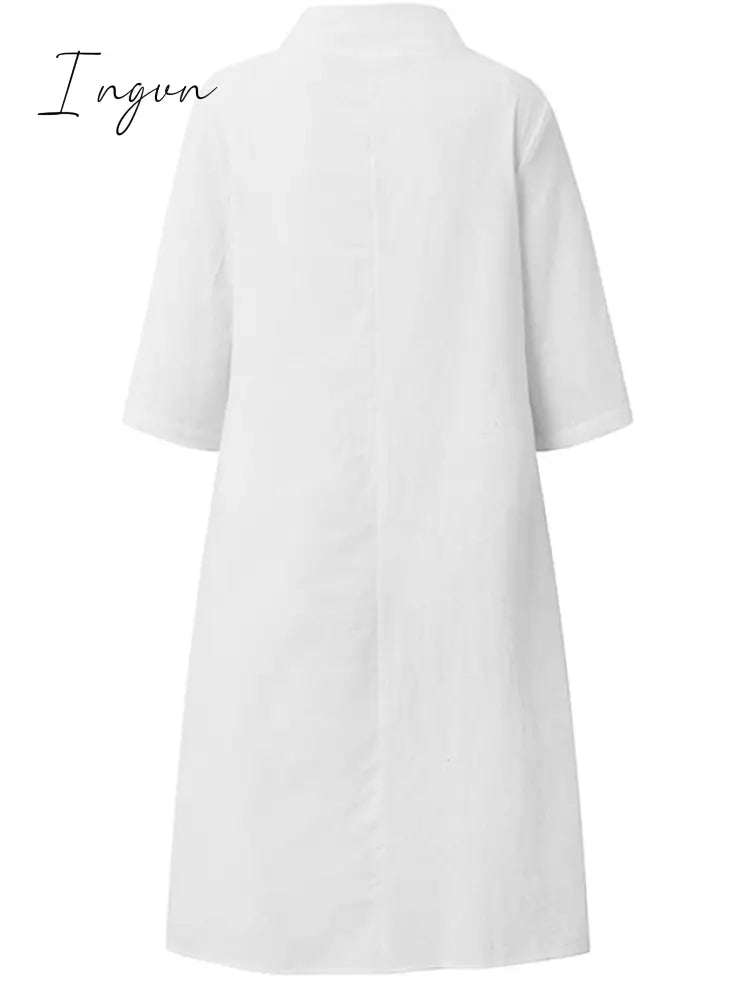Ingvn - Women’s Cotton Linen Dress Casual Shift Midi Blend Fashion Basic Outdoor Daily Vacation