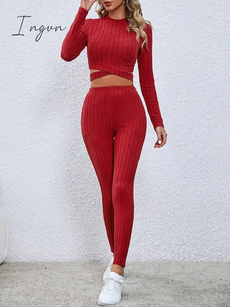 Ingvn - Women’s Crop Top Pants Sets Black Red Khaki Solid Color Long Sleeve Casual Daily Fashion