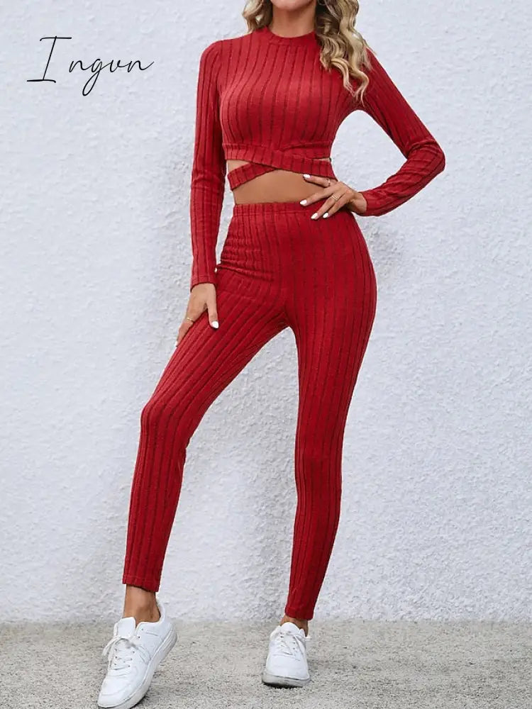 Ingvn - Women’s Crop Top Pants Sets Black Red Khaki Solid Color Long Sleeve Casual Daily Fashion
