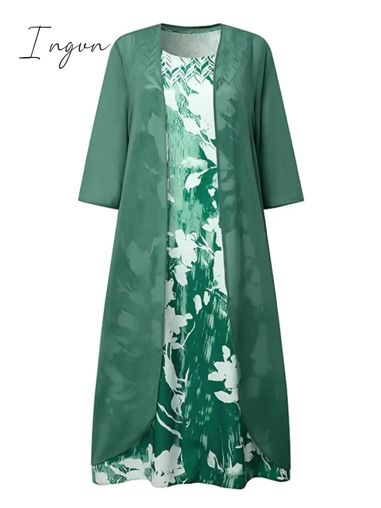 Ingvn - Women‘s Dress Set Two Piece Midi Green Blue Gray Half Sleeve Floral Print Summer Spring U
