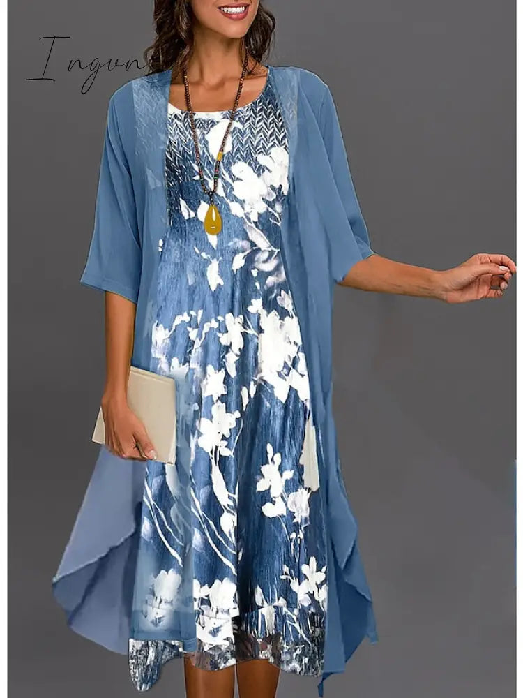 Ingvn - Women‘s Dress Set Two Piece Midi Green Blue Gray Half Sleeve Floral Print Summer Spring U