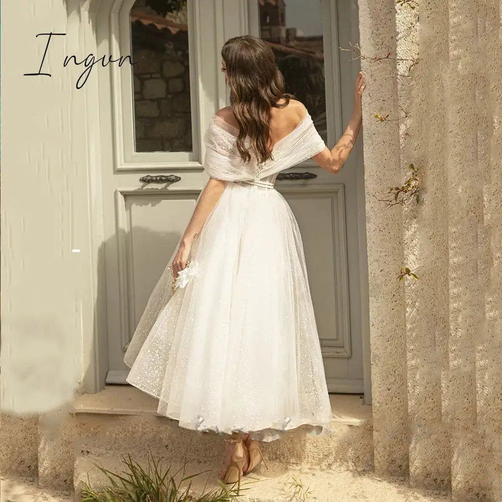 Ingvn - Womens Fashion Bling Glittter Boho Wedding Dresses For Women Sweetheaart Tulle Point Net