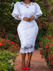 Ingvn - Womens Fashion Elegant Women White Lace Dress Puff Sleeve Embroidery Pencil Large Size 4Xl