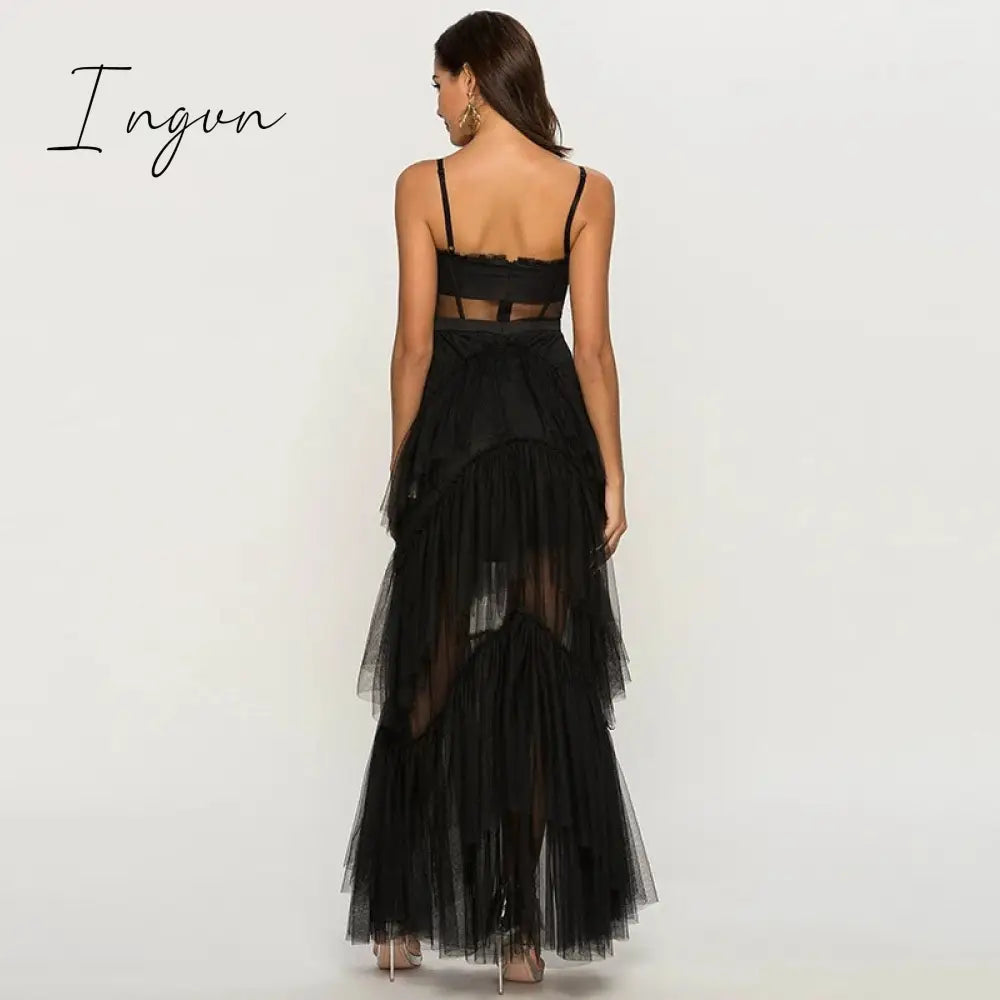 Ingvn - Womens Fashion Summer Sling Long Lace Dress Women Hollow Stitching Sexy Bubble Backless