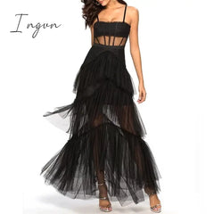 Ingvn - Womens Fashion Summer Sling Long Lace Dress Women Hollow Stitching Sexy Bubble Backless
