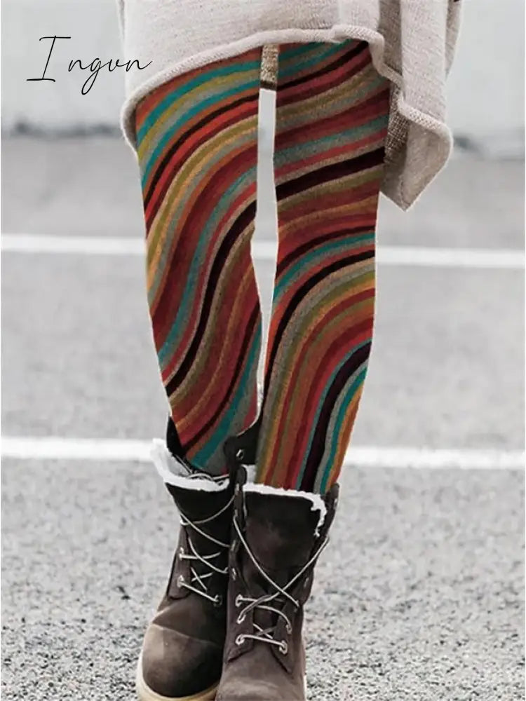 Ingvn - Women’s Fleece Pants Tights Leggings Full Length Print High Elasticity Medium Waist