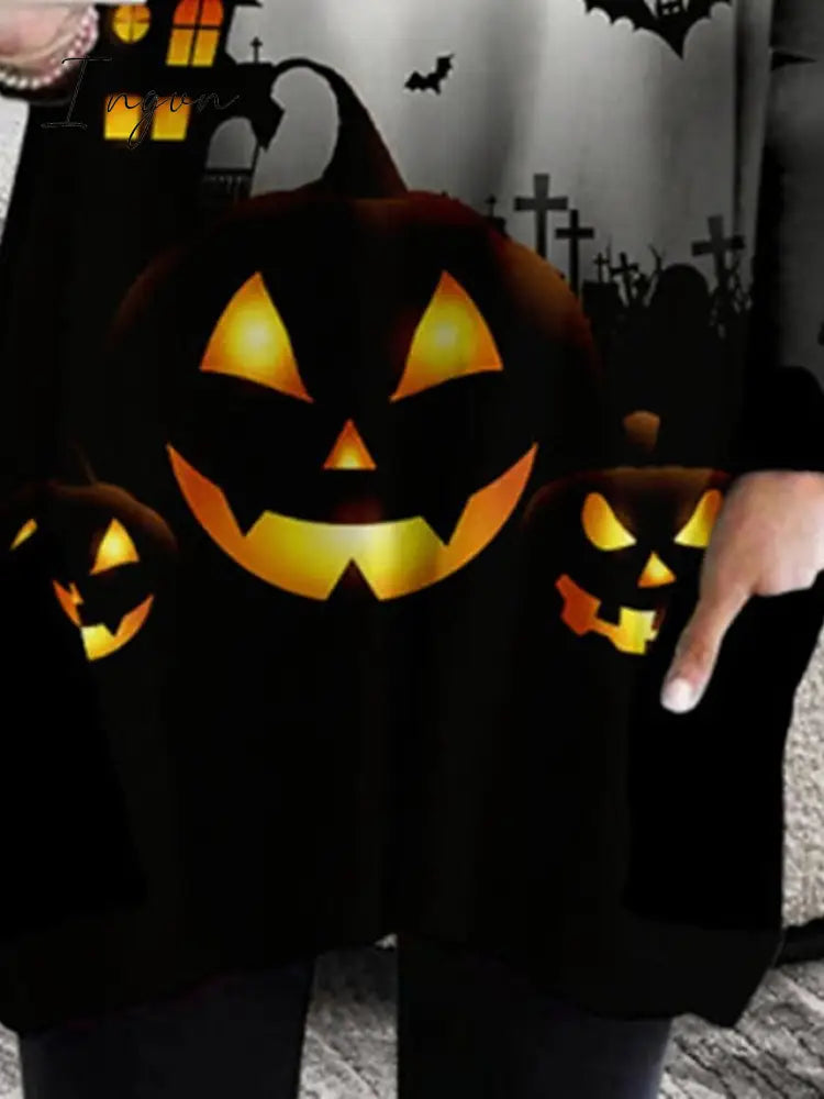 Ingvn - Women‘s Halloween Dress Casual T Shirt Tee Shift Mini Black Long Sleeve Pumpkin Print