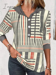 Ingvn - Women’s Hoodie Sweatshirt Pullover Basic Button Drawstring Beige Striped Casual Long
