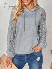 Ingvn - Women’s Hoodie Sweatshirt Pullover Basic Drawstring Front Pocket Blue Gray Solid Color