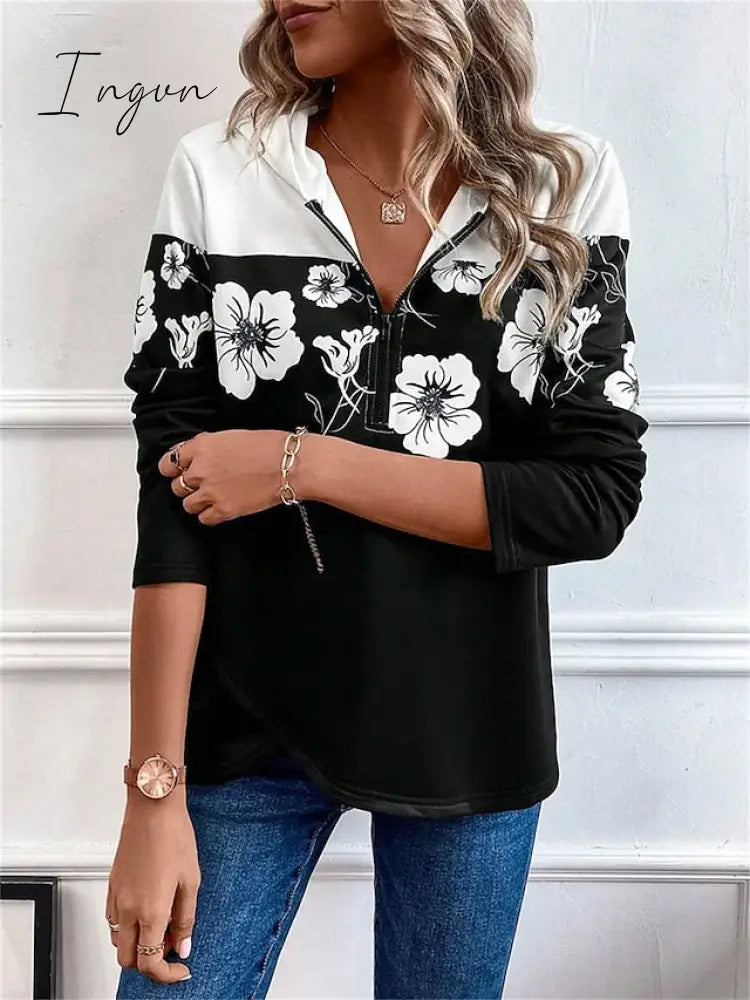 Ingvn - Women’s Hoodie Sweatshirt Pullover Basic Quarter Zip Black Floral Casual Long Sleeve Top