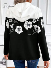 Ingvn - Women’s Hoodie Sweatshirt Pullover Basic Quarter Zip Black Floral Casual Long Sleeve Top